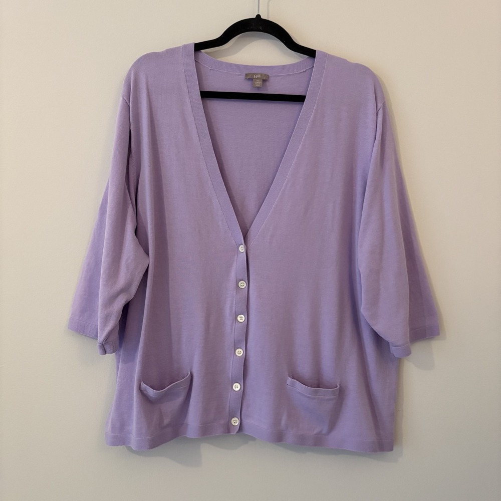 J Jill 100% Cotton Button Up Cardigan Lavender 4X Stretch Pockets Minimal Preppy